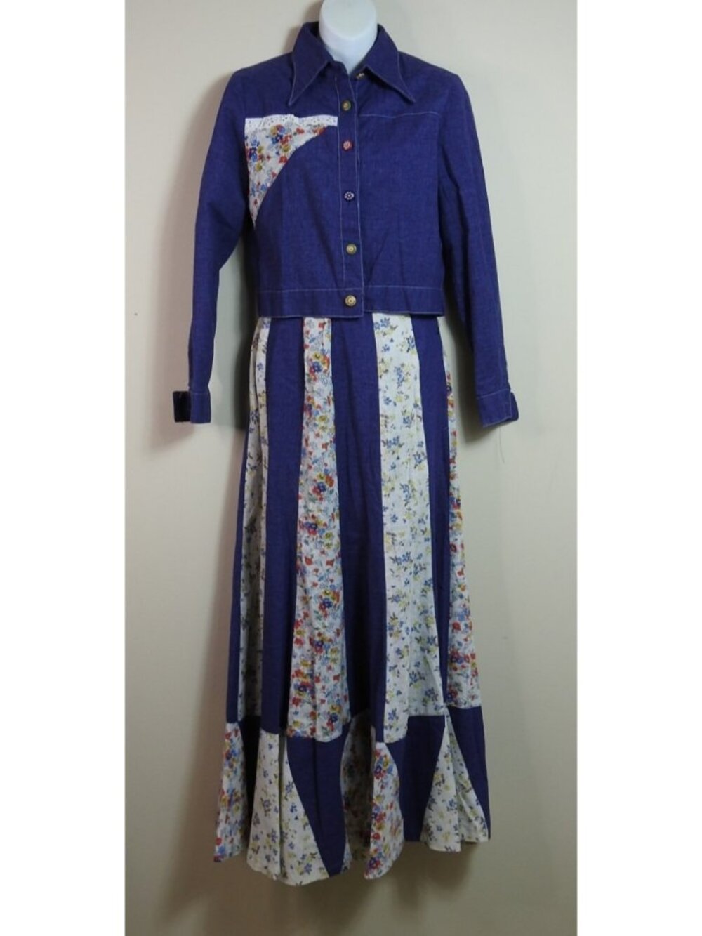 Vintage Women's ArtBro Size 9 Patchwork Dress Skirt Set Floral Denim 70s LS - Picture 2 of 16